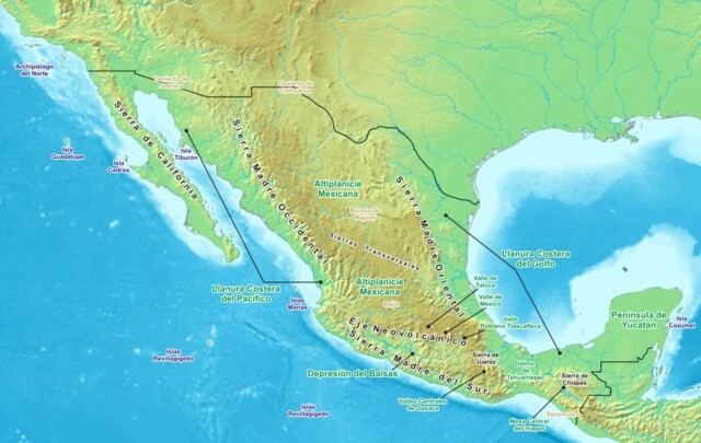 Mapa con las tres regiones principales de la orografía de México